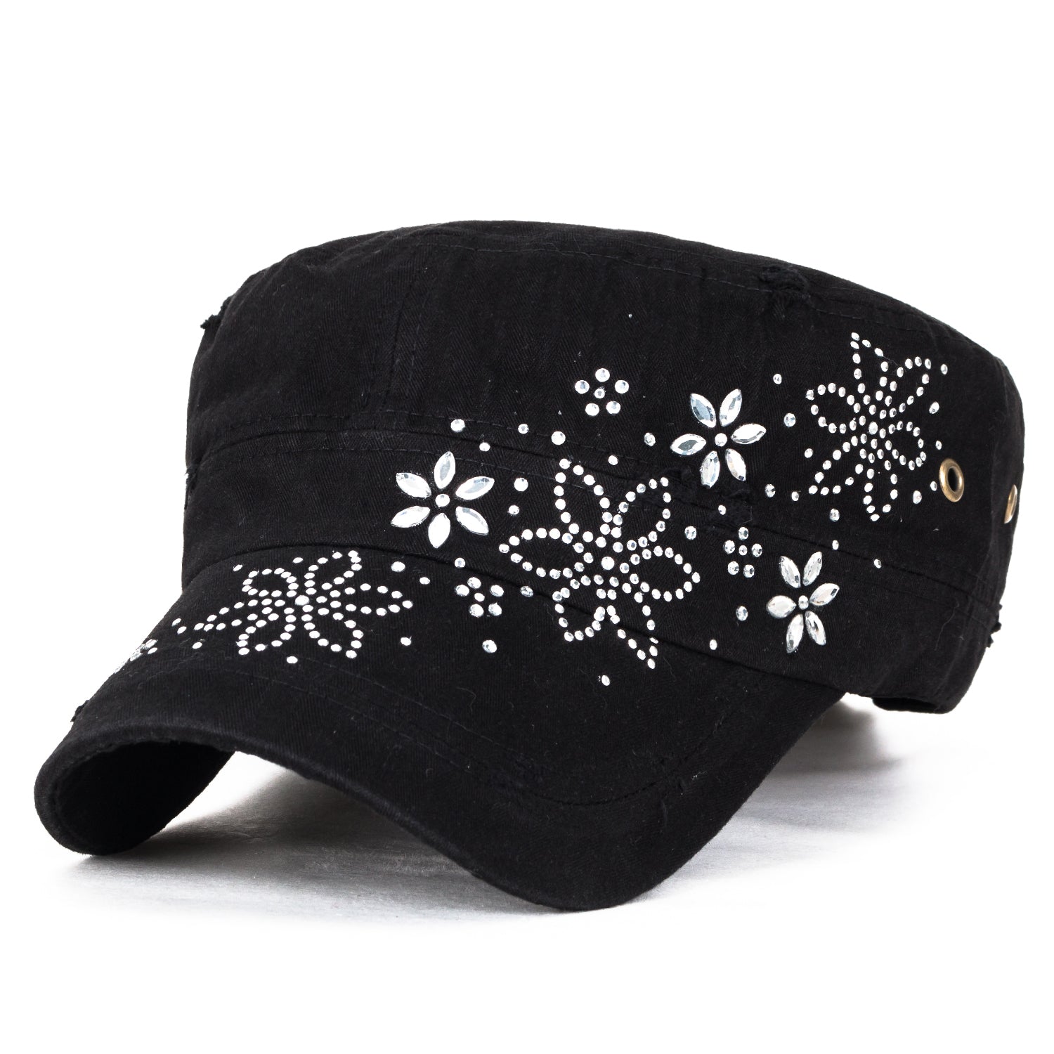 Crystal Gemstone Stud Flower Vintage Cotton Military Army Hat Cadet Cap