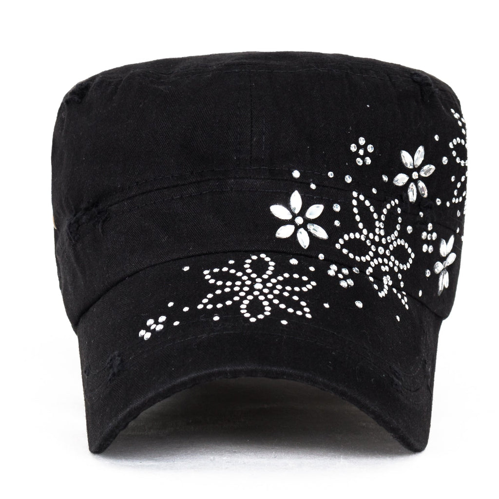 Crystal Gemstone Stud Flower Vintage Cotton Military Army Hat Cadet Cap