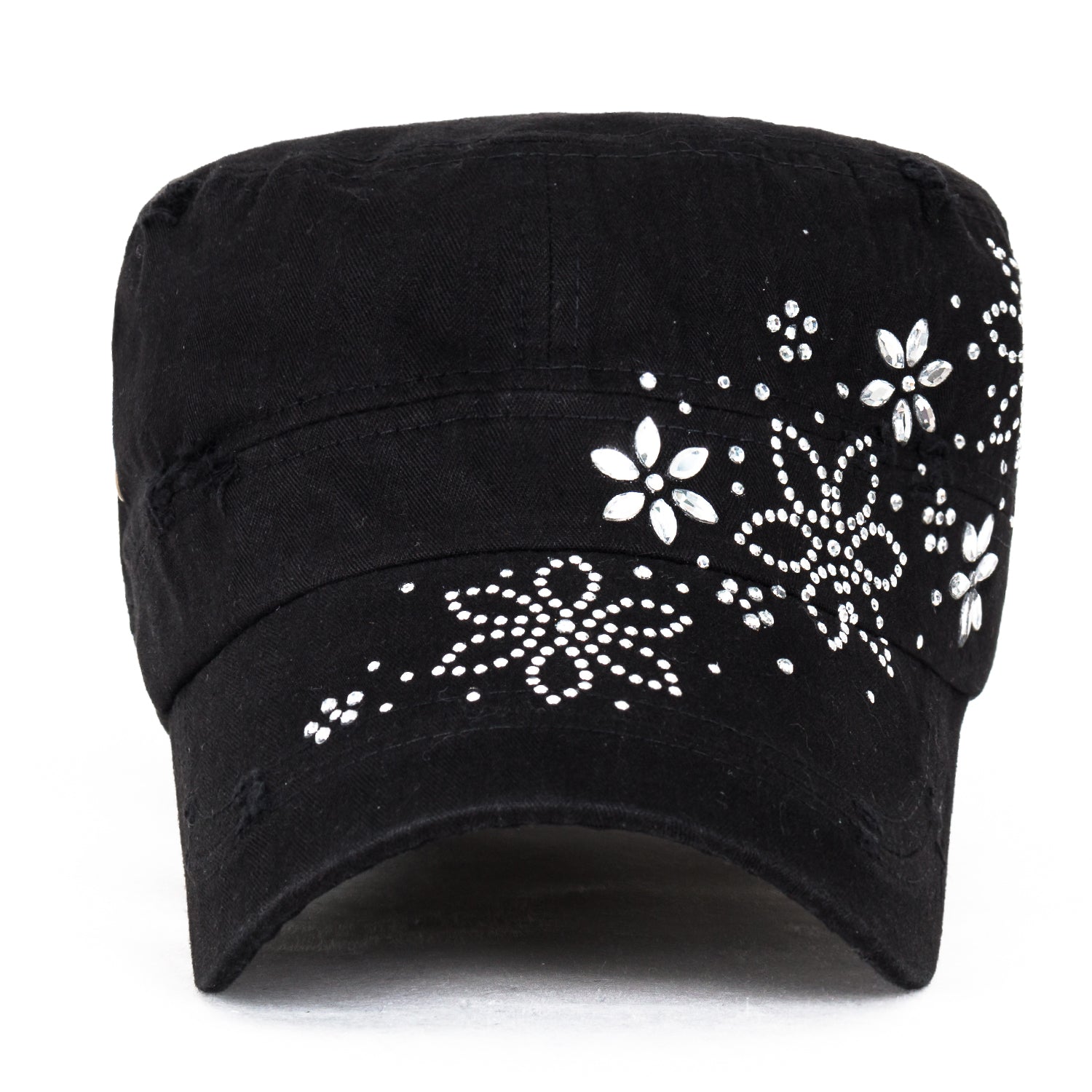 Crystal Gemstone Stud Flower Vintage Cotton Military Army Hat Cadet Cap