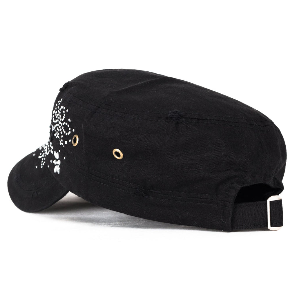 Crystal Gemstone Stud Flower Vintage Cotton Military Army Hat Cadet Cap