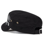 Crystal Gemstone Stud Flower Vintage Cotton Military Army Hat Cadet Cap