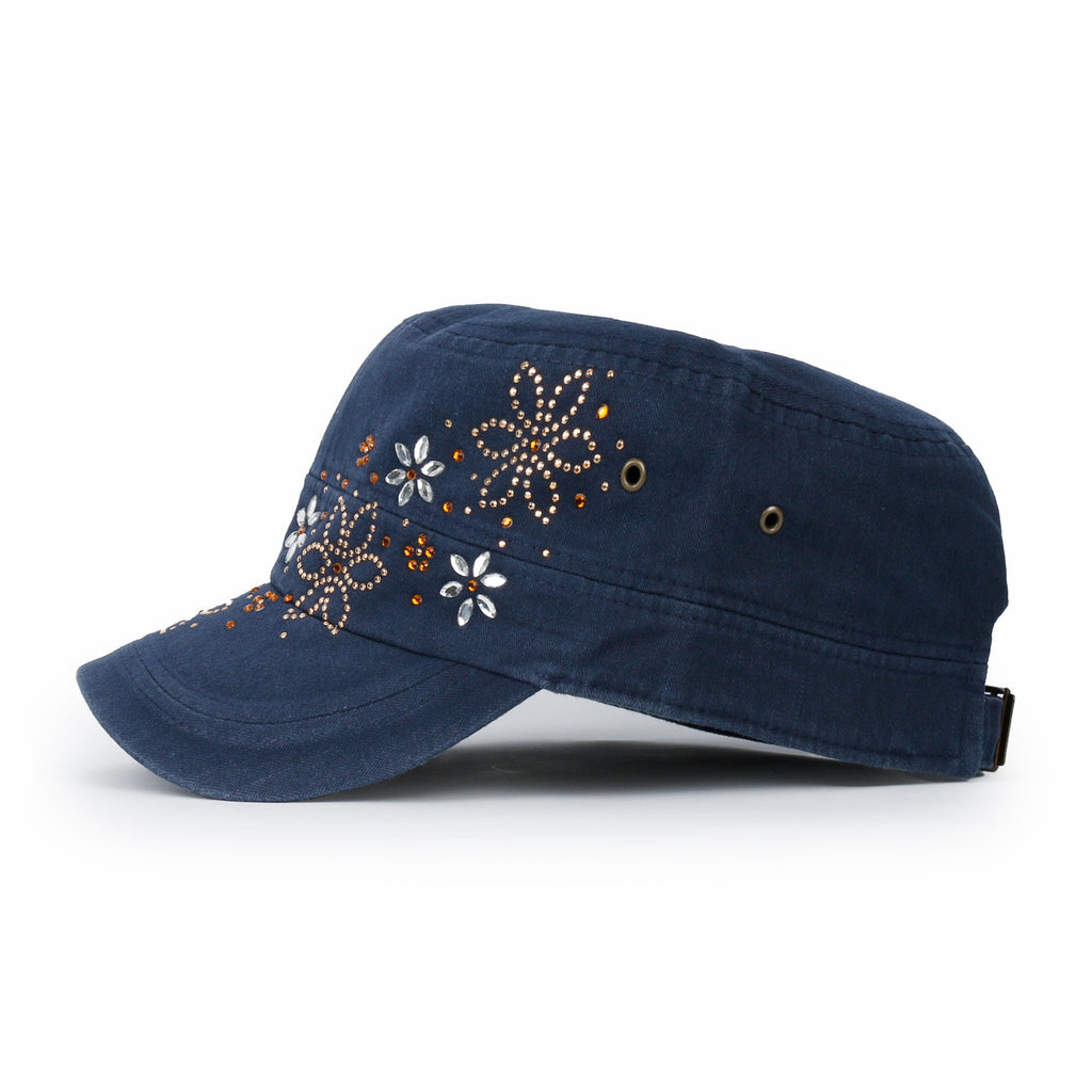 Crystal / Black Gemstone Flower Vintage Military Army Hat Cadet Cap