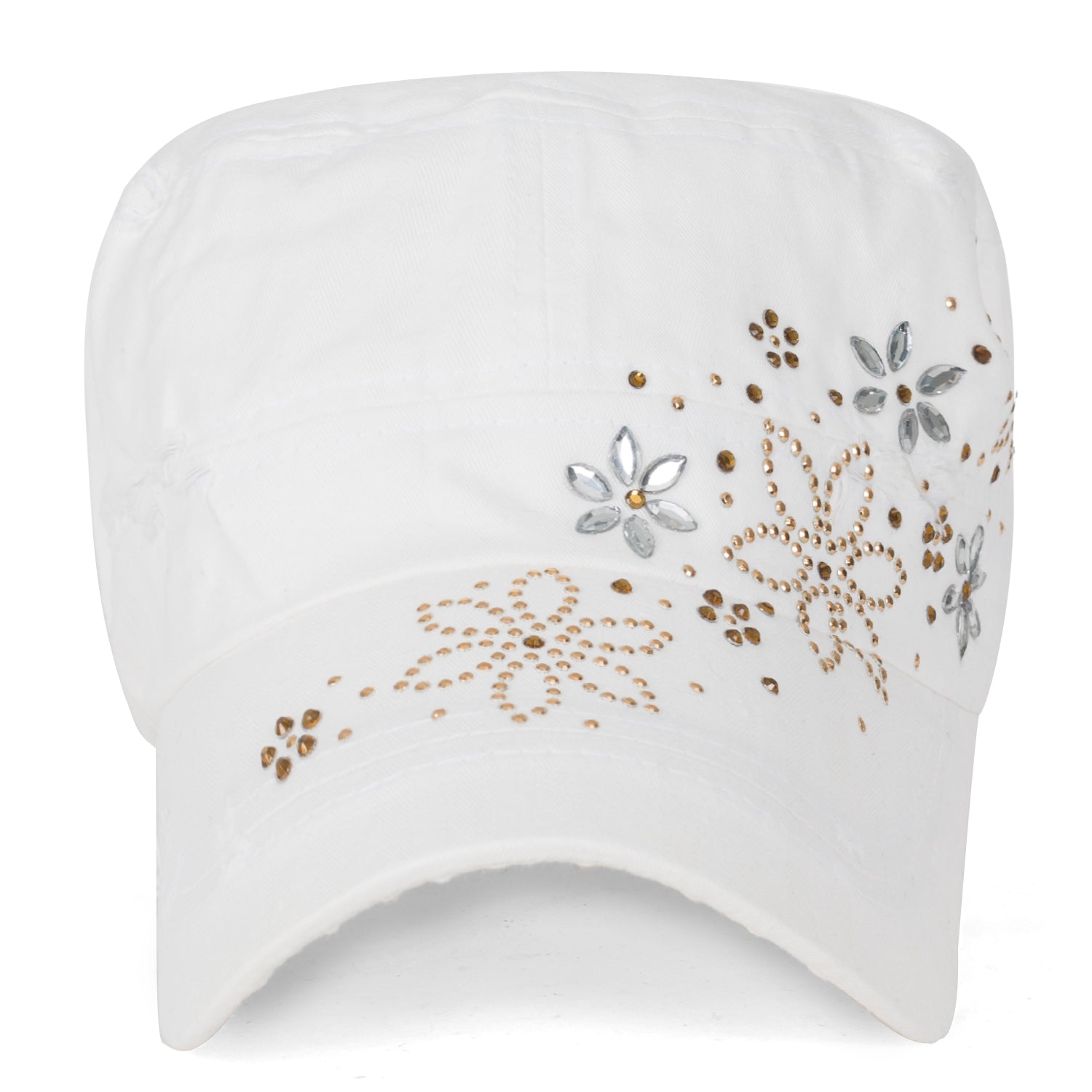 Crystal Gemstone Stud Flower Vintage Cotton Military Army Hat Cadet Cap