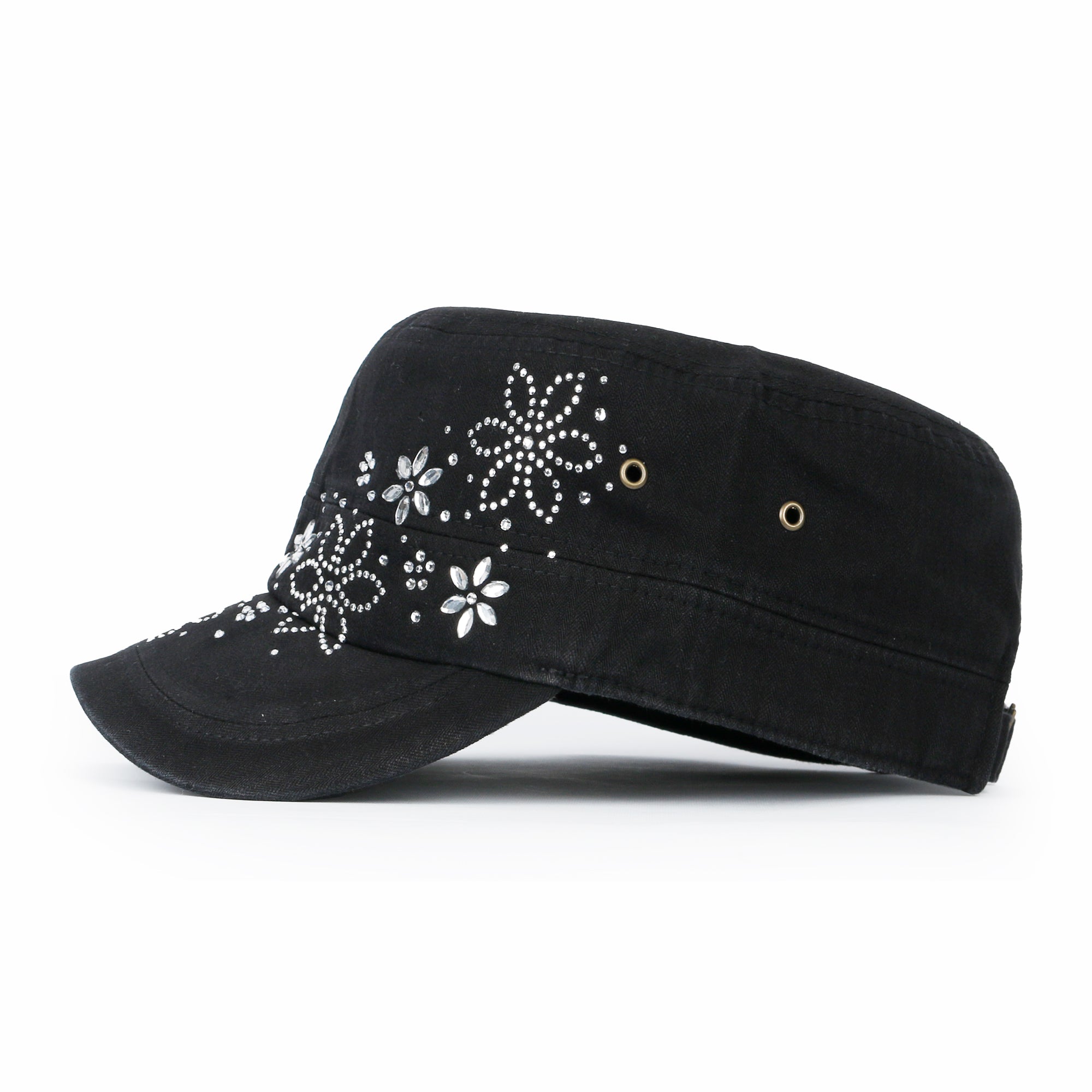 Crystal / Black Gemstone Flower Vintage Military Army Hat Cadet Cap