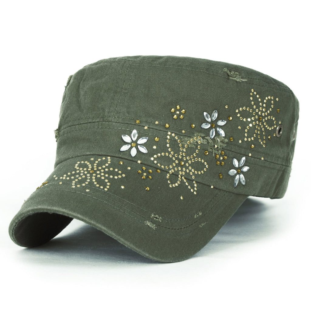 Crystal Gemstone Stud Flower Vintage Cotton Military Army Hat Cadet Cap
