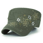 Crystal Gemstone Stud Flower Vintage Cotton Military Army Hat Cadet Cap