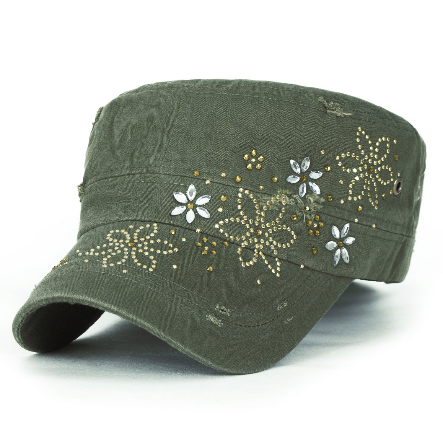 Crystal Gemstone Stud Flower Vintage Cotton Military Army Hat Cadet Cap