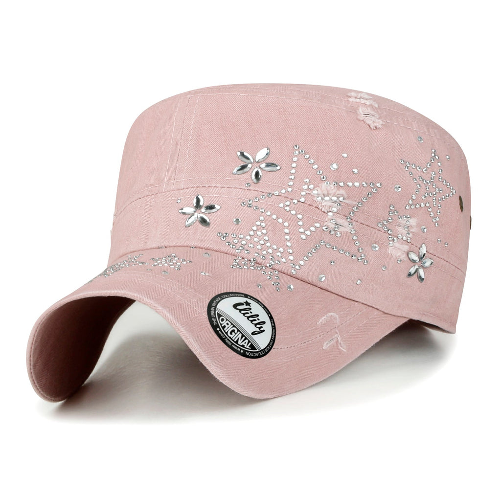 Crystal Gemstone Stud Flower Vintage Cotton Military Army Hat Cadet Cap