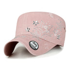 Crystal Gemstone Stud Flower Vintage Cotton Military Army Hat Cadet Cap