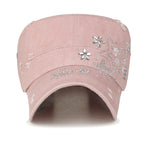 Crystal Gemstone Stud Flower Vintage Cotton Military Army Hat Cadet Cap