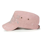 Crystal Gemstone Stud Flower Vintage Cotton Military Army Hat Cadet Cap