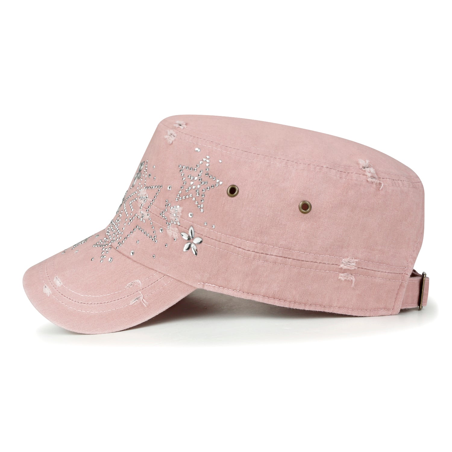 Crystal Gemstone Stud Flower Vintage Cotton Military Army Hat Cadet Cap