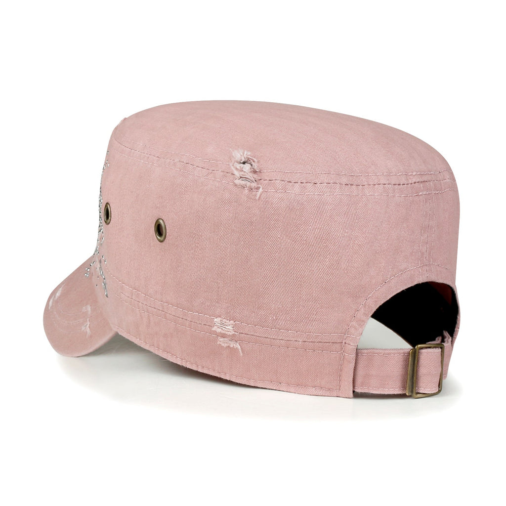 Crystal Gemstone Stud Flower Vintage Cotton Military Army Hat Cadet Cap