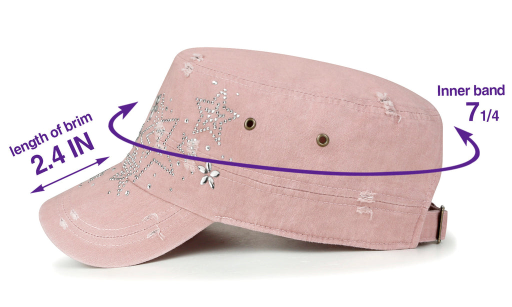 Crystal Gemstone Stud Flower Vintage Cotton Military Army Hat Cadet Cap