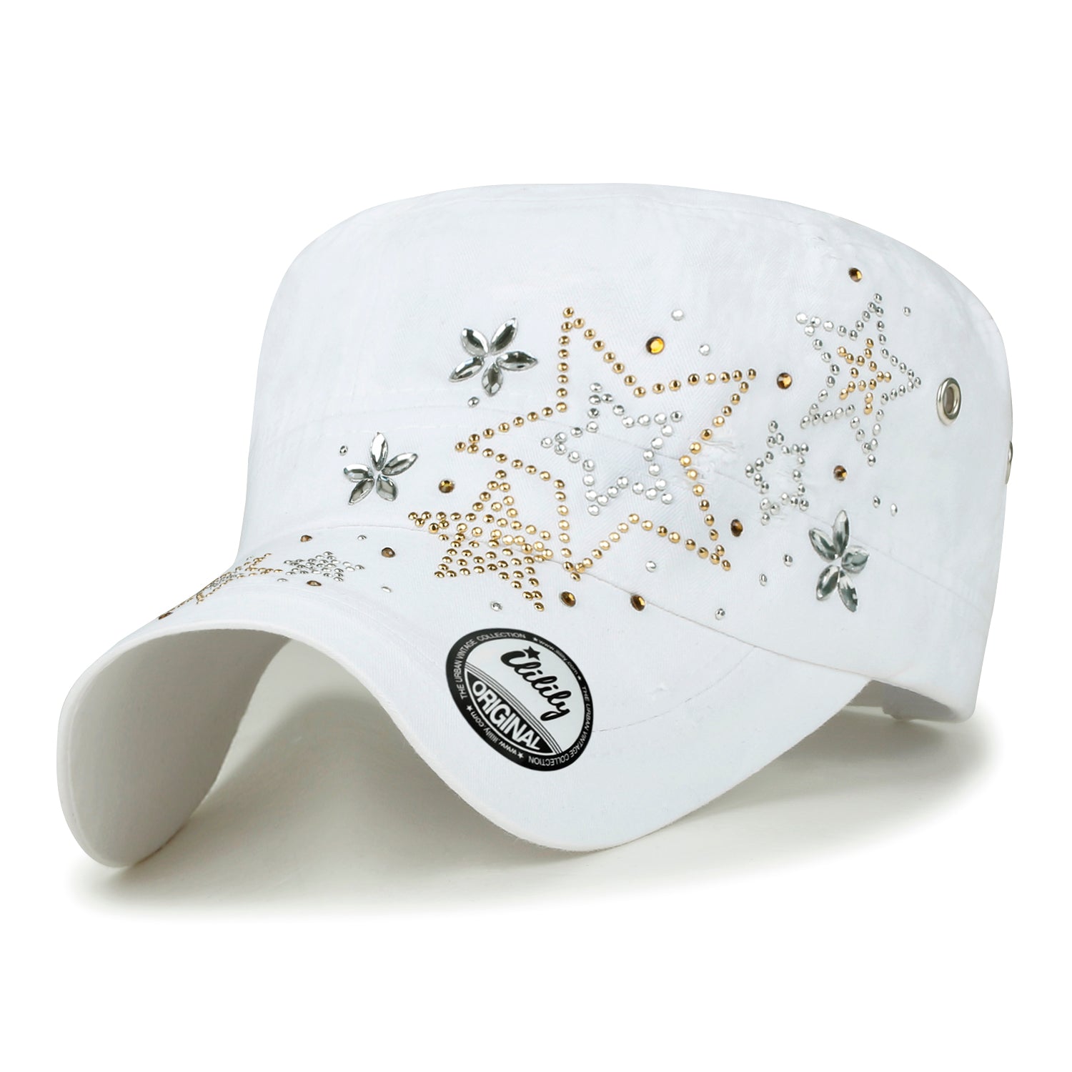 Crystal Gemstone Stud Flower Vintage Cotton Military Army Hat Cadet Cap