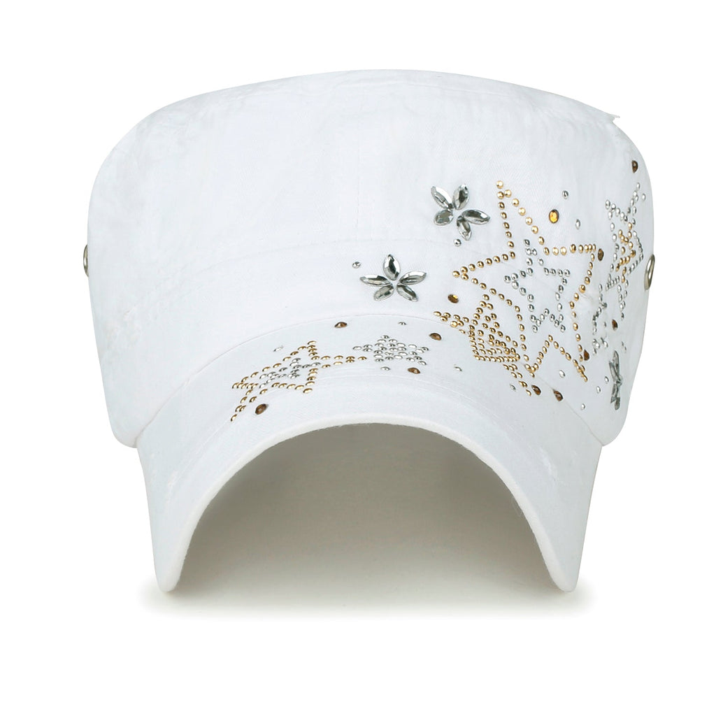 Crystal Gemstone Stud Flower Vintage Cotton Military Army Hat Cadet Cap