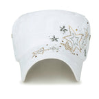 Crystal Gemstone Stud Flower Vintage Cotton Military Army Hat Cadet Cap