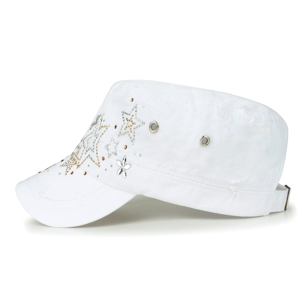Crystal Gemstone Stud Flower Vintage Cotton Military Army Hat Cadet Cap