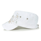 Crystal Gemstone Stud Flower Vintage Cotton Military Army Hat Cadet Cap