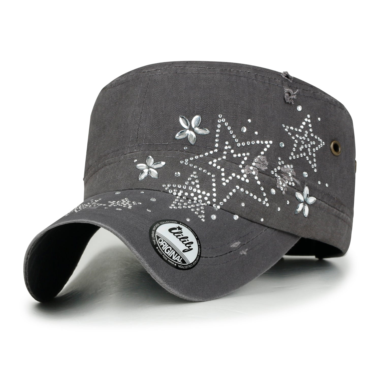 Crystal Gemstone Stud Flower Vintage Cotton Military Army Hat Cadet Cap