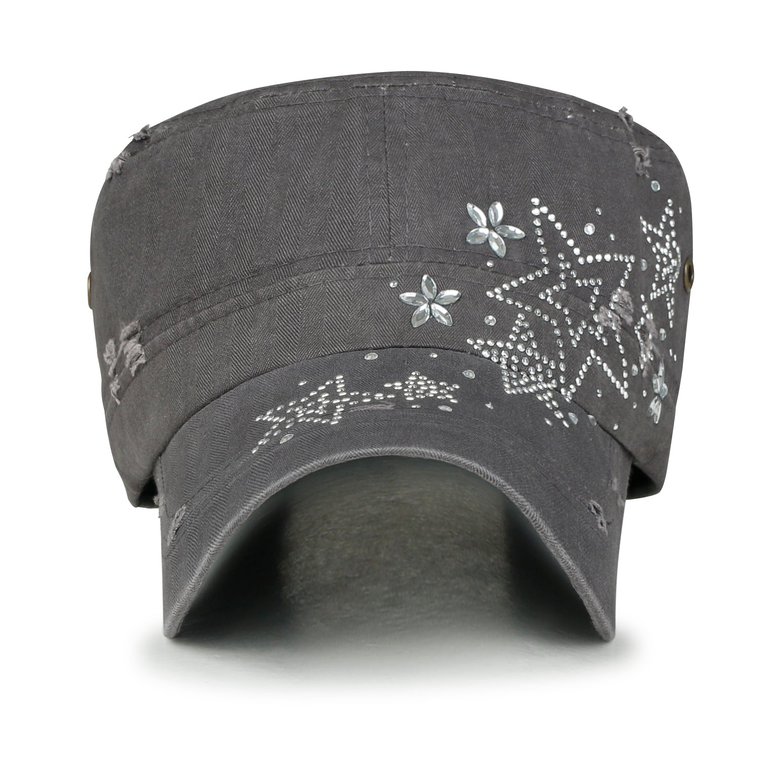 Crystal Gemstone Stud Flower Vintage Cotton Military Army Hat Cadet Cap