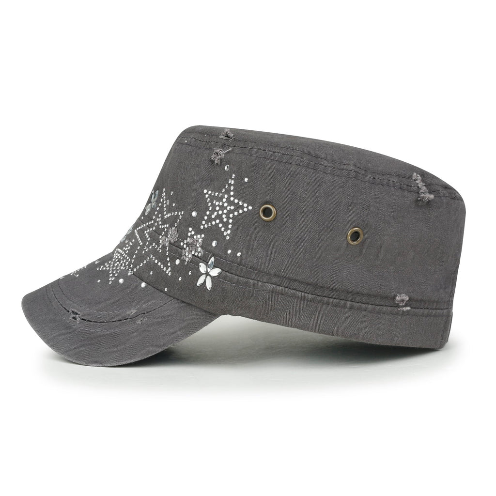 Crystal Gemstone Stud Flower Vintage Cotton Military Army Hat Cadet Cap