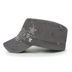 Crystal Gemstone Stud Flower Vintage Cotton Military Army Hat Cadet Cap