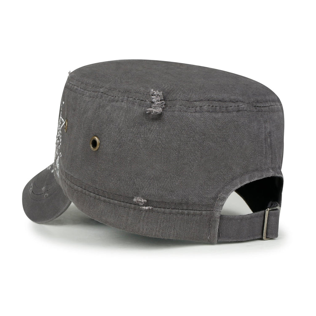 Crystal Gemstone Stud Flower Vintage Cotton Military Army Hat Cadet Cap