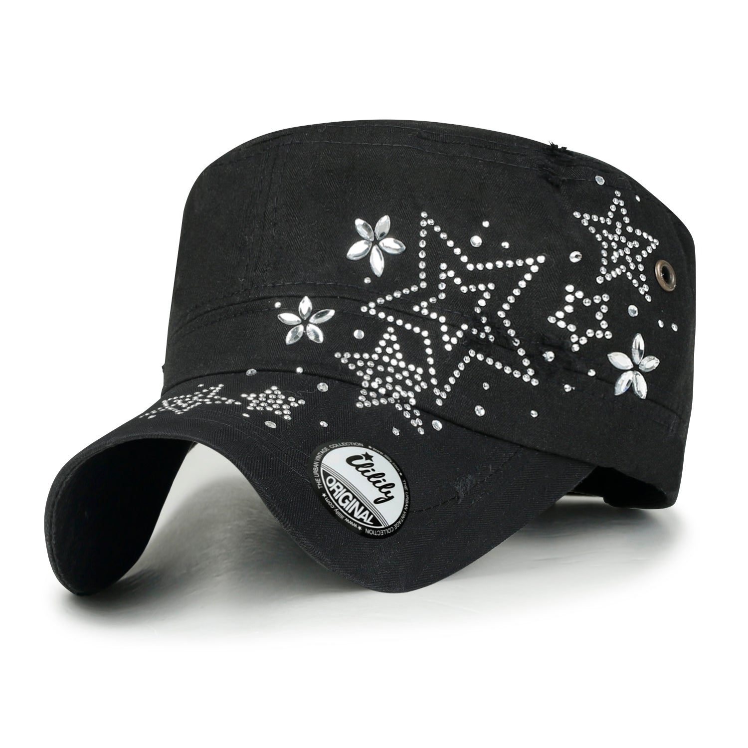 Crystal Gemstone Stud Flower Vintage Cotton Military Army Hat Cadet Cap