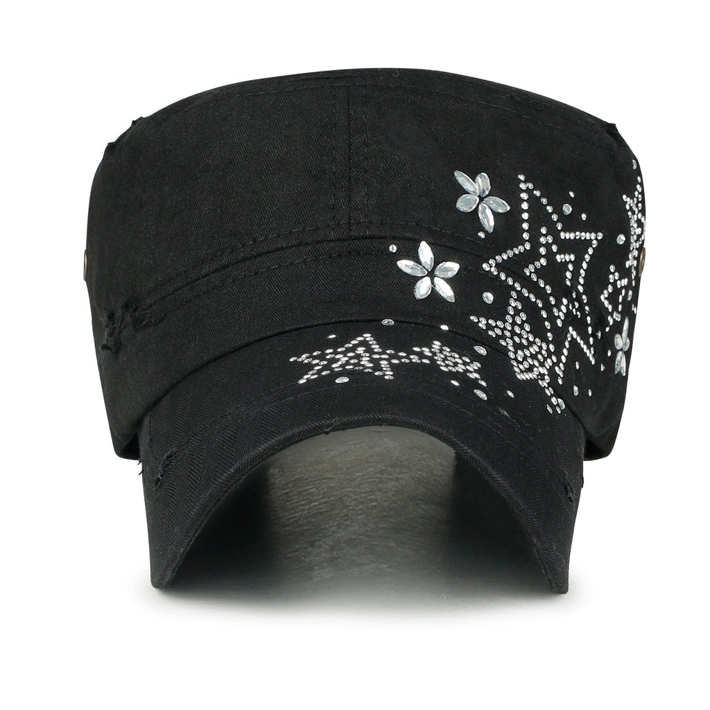 Crystal Gemstone Stud Flower Vintage Cotton Military Army Hat Cadet Cap
