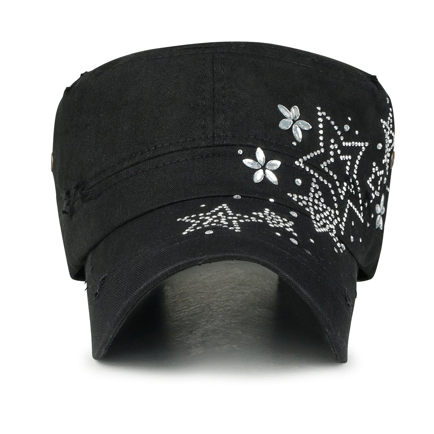 Crystal Gemstone Stud Flower Vintage Cotton Military Army Hat Cadet Cap