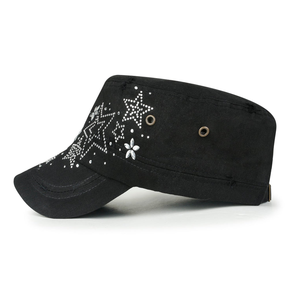 Crystal Gemstone Stud Flower Vintage Cotton Military Army Hat Cadet Cap