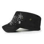 Crystal Gemstone Stud Flower Vintage Cotton Military Army Hat Cadet Cap
