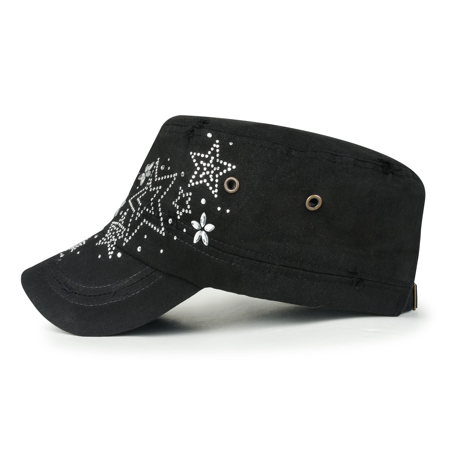 Crystal Gemstone Stud Flower Vintage Cotton Military Army Hat Cadet Cap