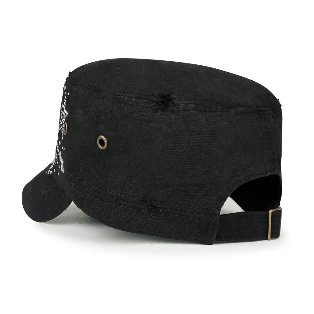 Crystal Gemstone Stud Flower Vintage Cotton Military Army Hat Cadet Cap