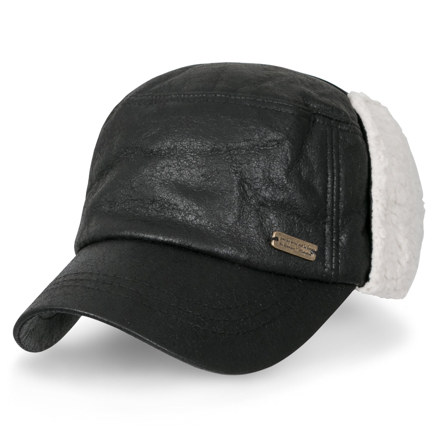 Women Faux Leather Military Army Hat Sherpa Earflaps Flexfit Cadet Cap