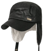 Women Faux Leather Military Army Hat Sherpa Earflaps Flexfit Cadet Cap