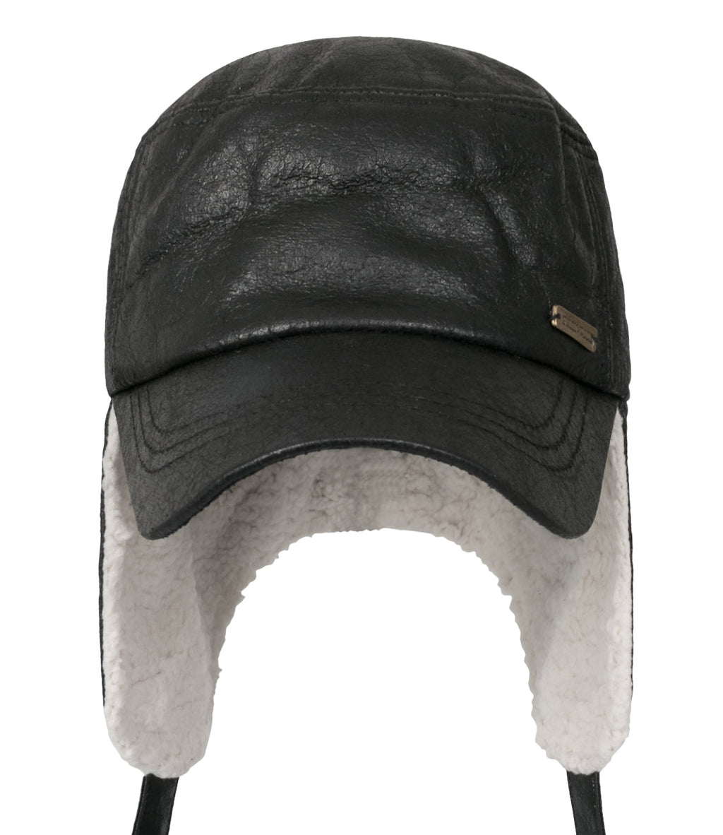 Women Faux Leather Military Army Hat Sherpa Earflaps Flexfit Cadet Cap