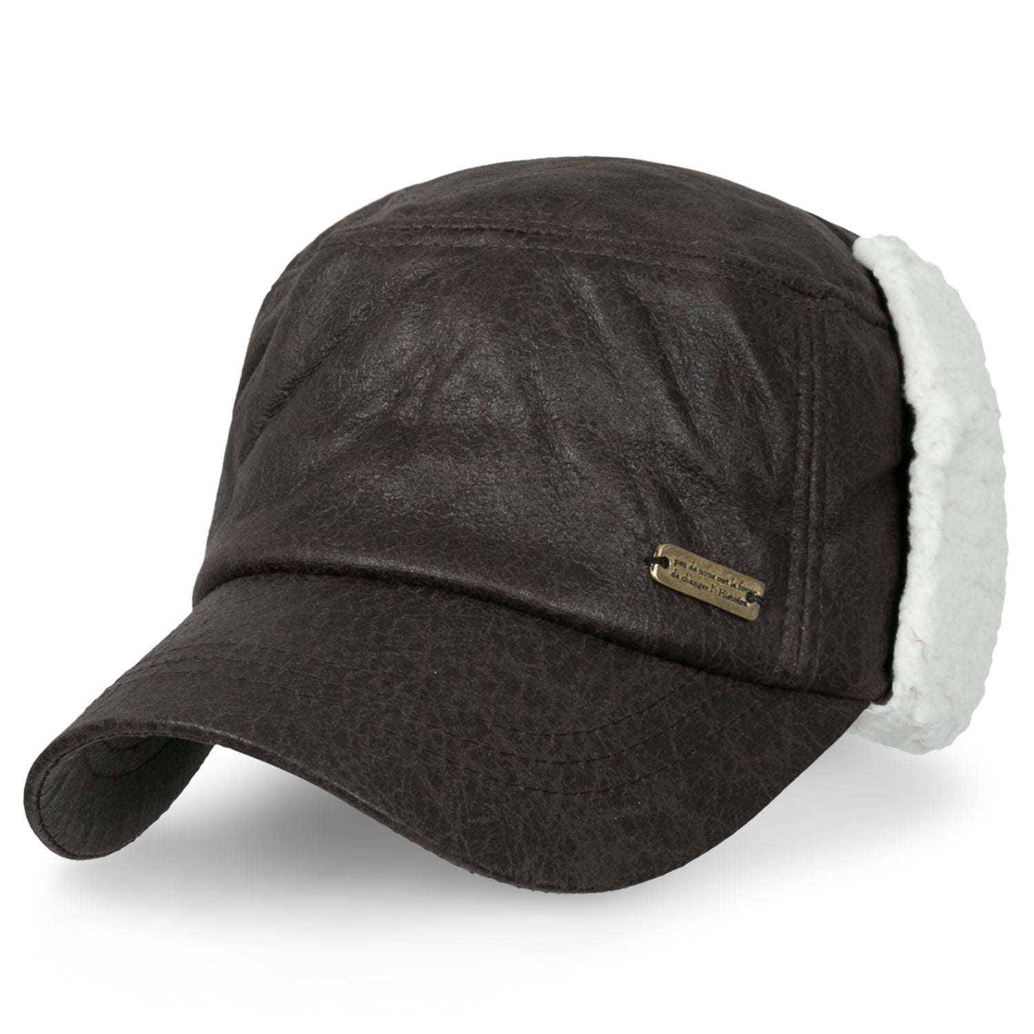 Women Faux Leather Military Army Hat Sherpa Earflaps Flexfit Cadet Cap