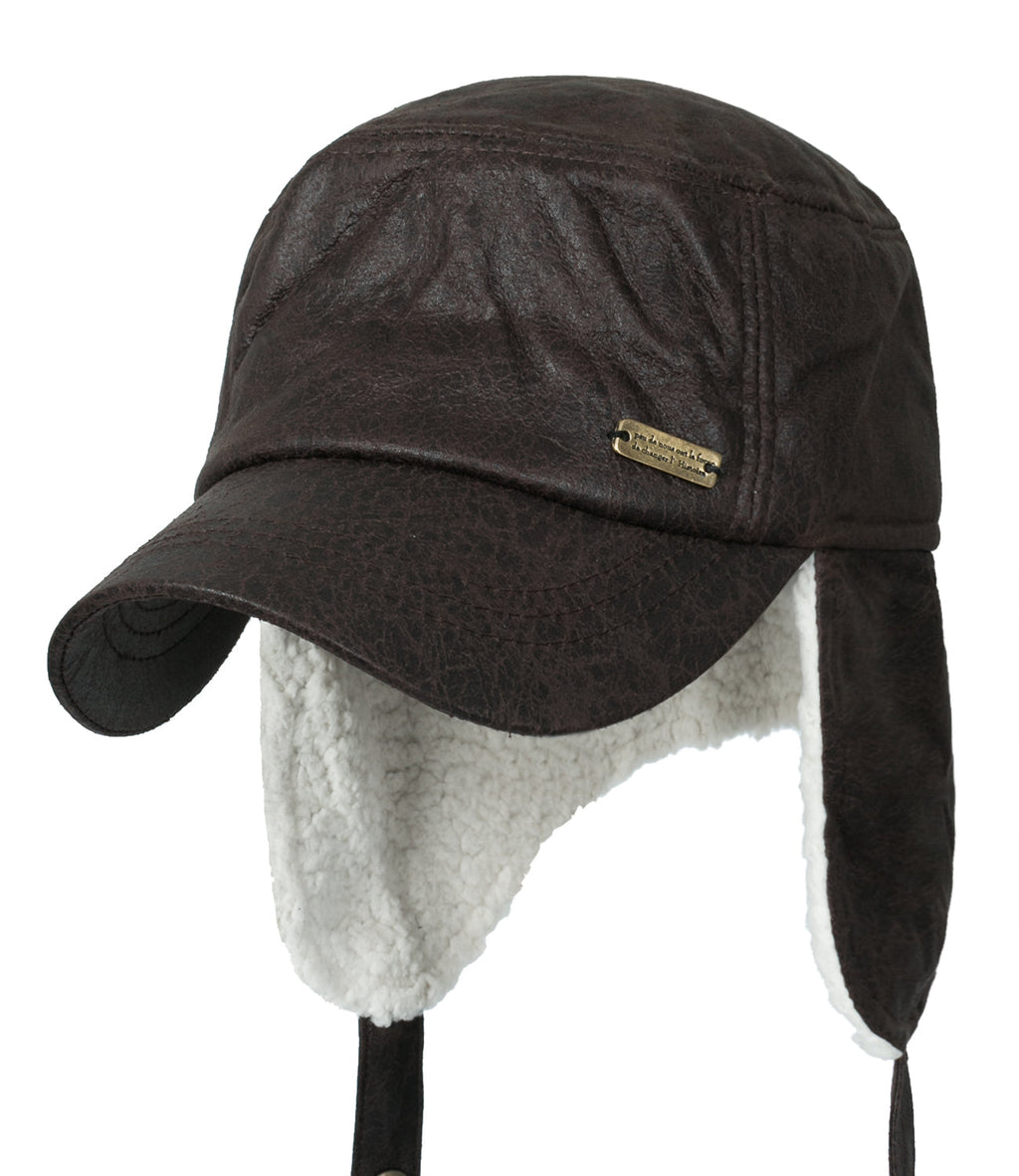 Women Faux Leather Military Army Hat Sherpa Earflaps Flexfit Cadet Cap