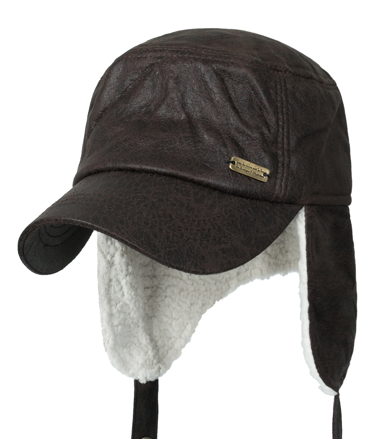 Women Faux Leather Military Army Hat Sherpa Earflaps Flexfit Cadet Cap