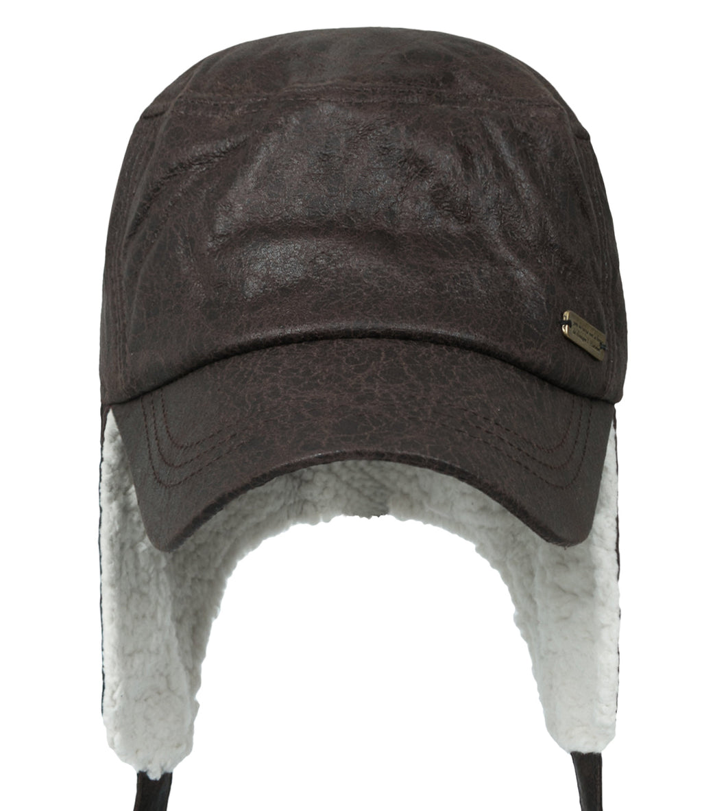 Women Faux Leather Military Army Hat Sherpa Earflaps Flexfit Cadet Cap