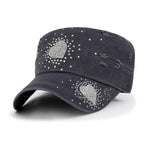 Vintage Distressed Cotton Army Hat Heart Shape Rhinestone Cadet Cap