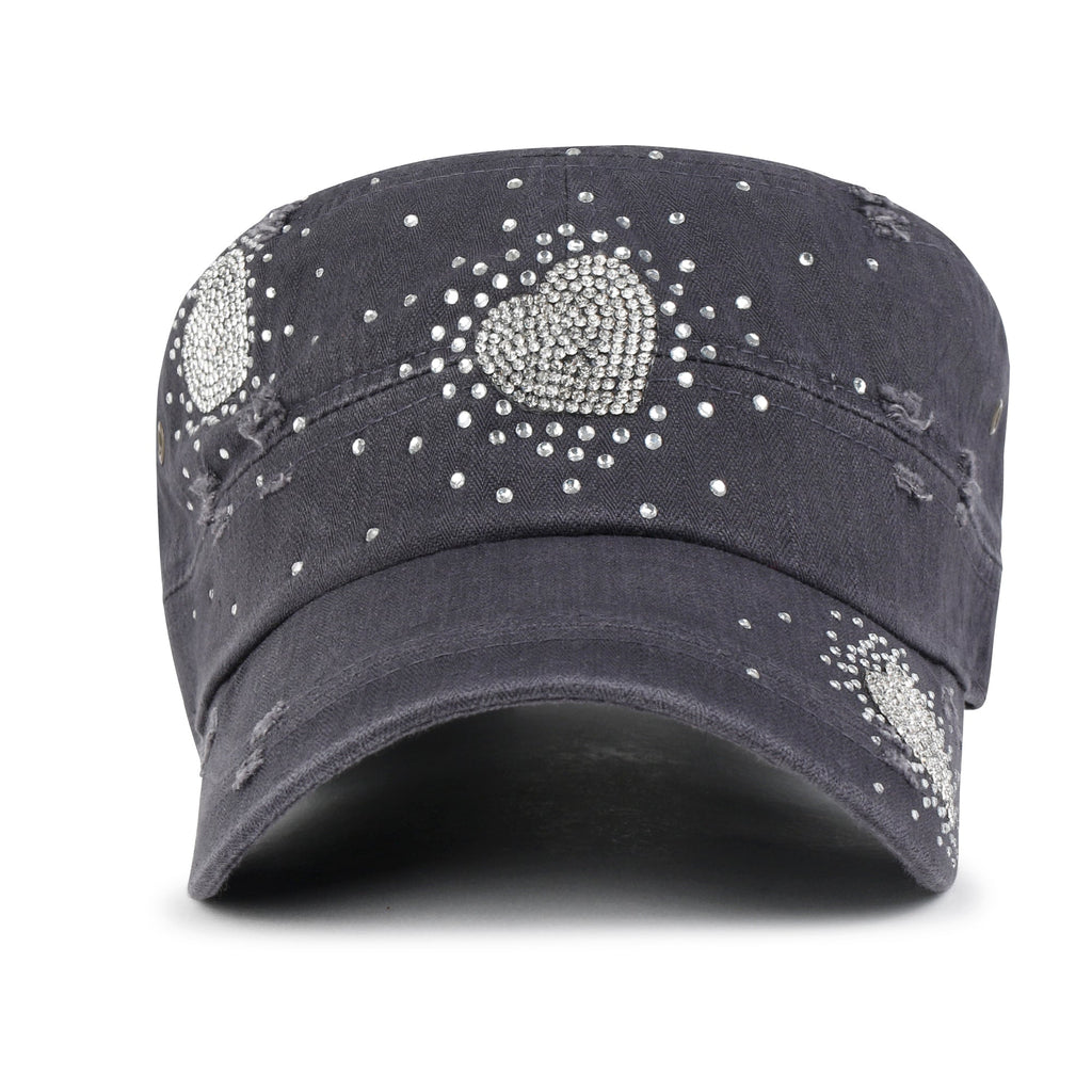 Vintage Distressed Cotton Army Hat Heart Shape Rhinestone Cadet Cap