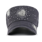 Vintage Distressed Cotton Army Hat Heart Shape Rhinestone Cadet Cap