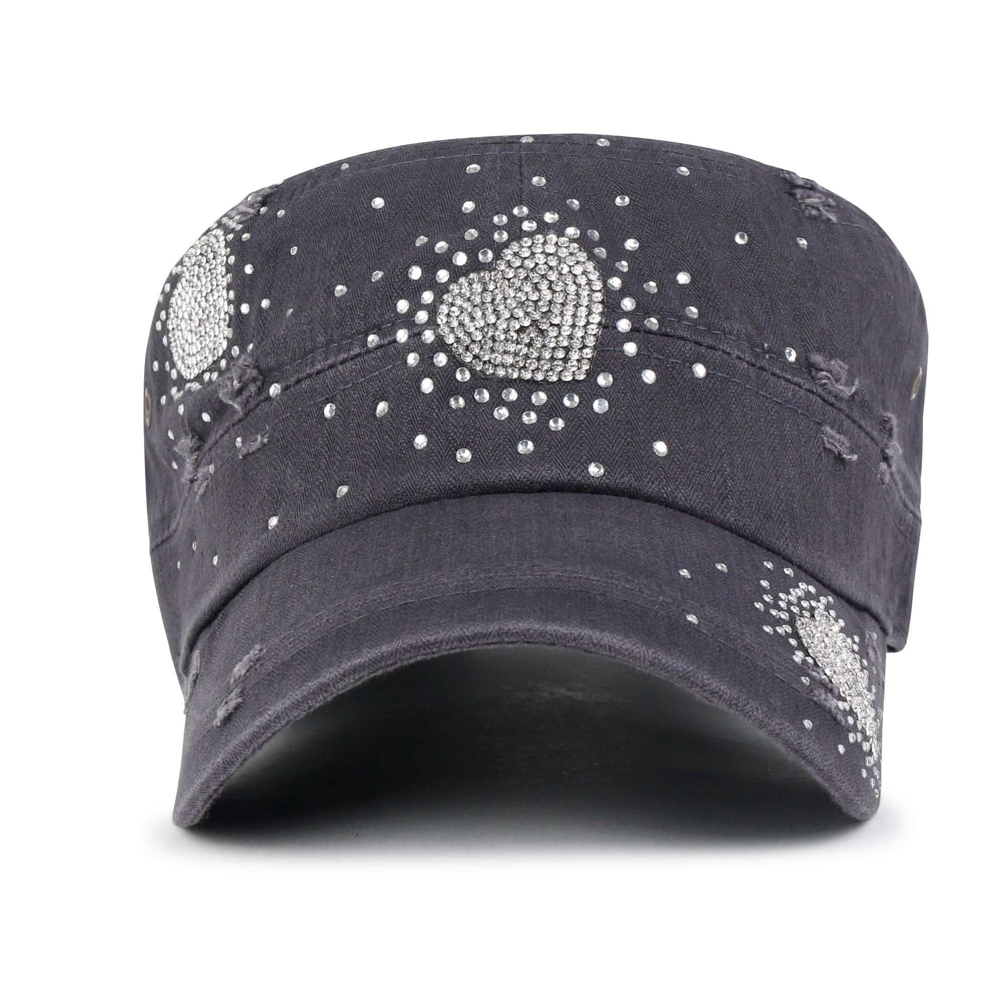 Vintage Distressed Cotton Army Hat Heart Shape Rhinestone Cadet Cap
