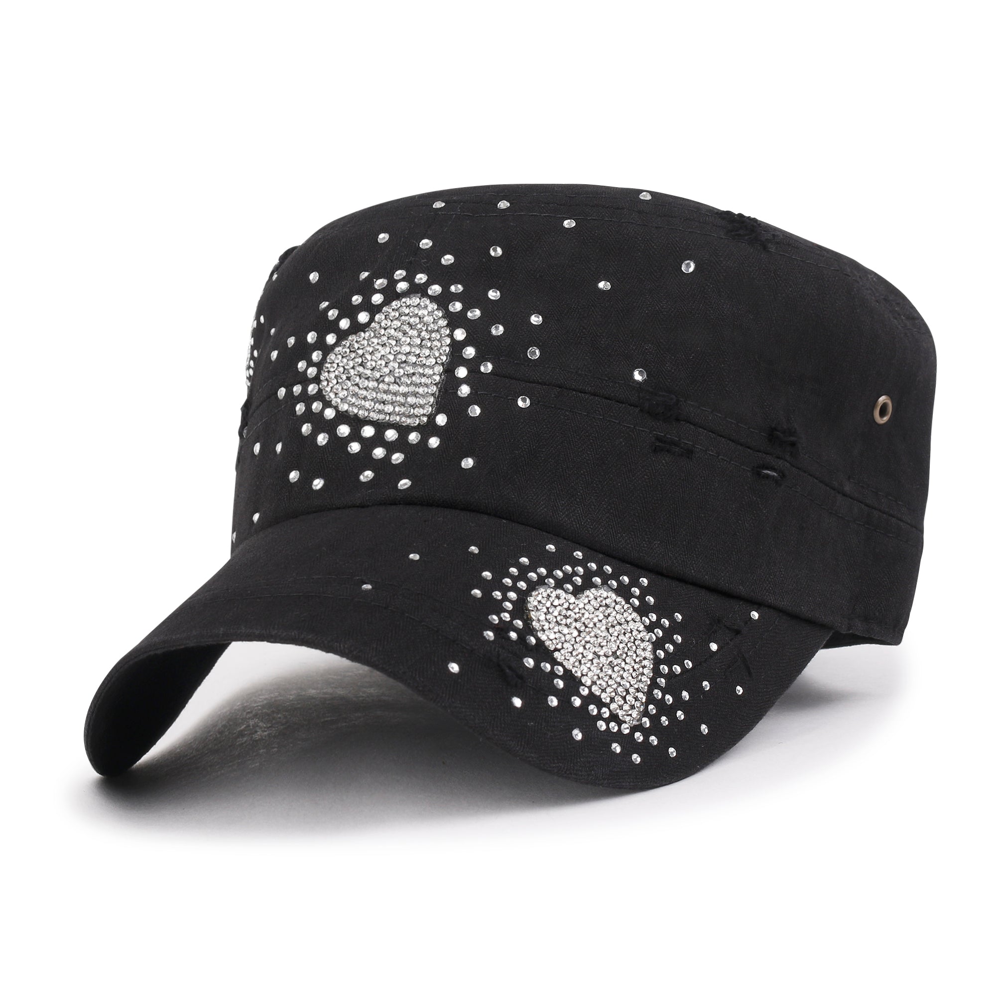 Vintage Distressed Cotton Army Hat Heart Shape Rhinestone Cadet Cap