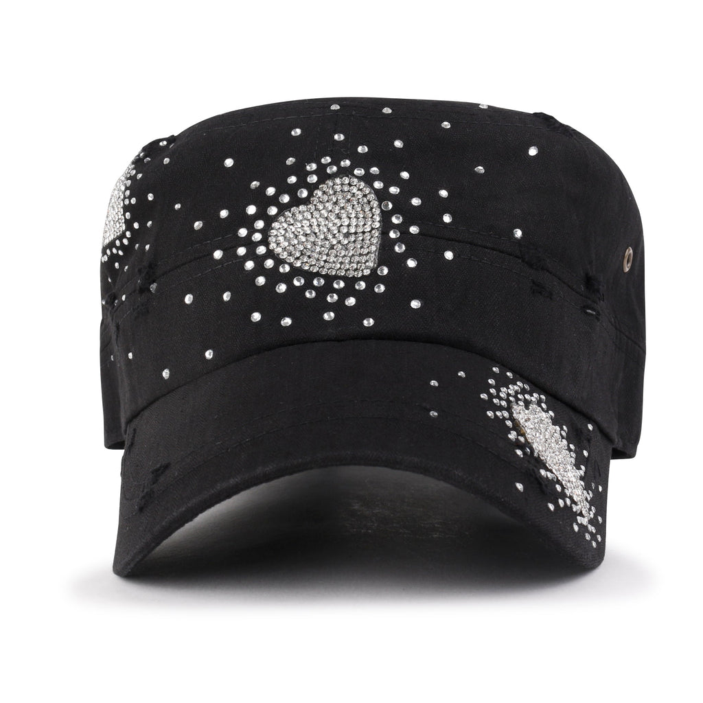 Vintage Distressed Cotton Army Hat Heart Shape Rhinestone Cadet Cap