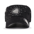 Vintage Distressed Cotton Army Hat Heart Shape Rhinestone Cadet Cap