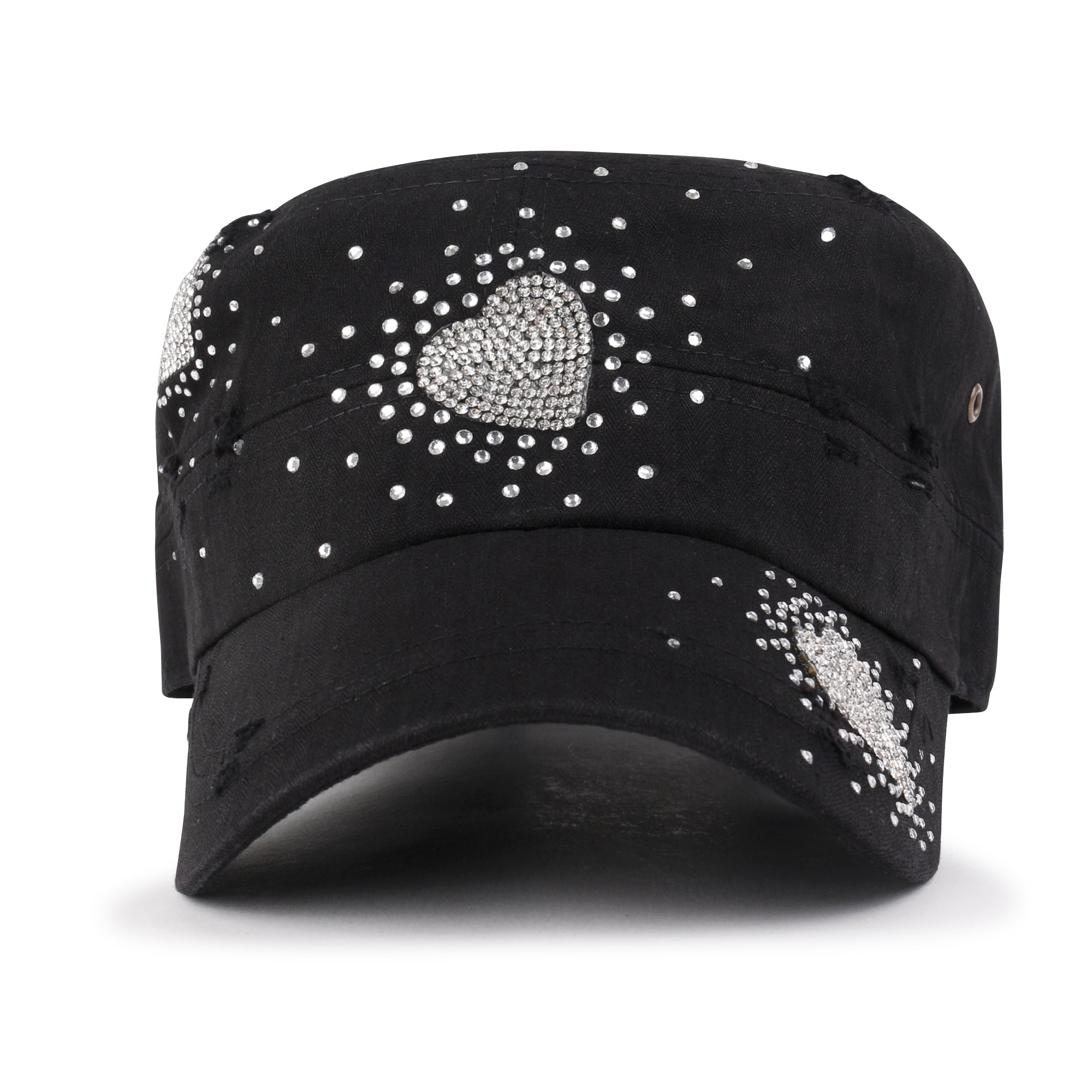 Vintage Distressed Cotton Army Hat Heart Shape Rhinestone Cadet Cap